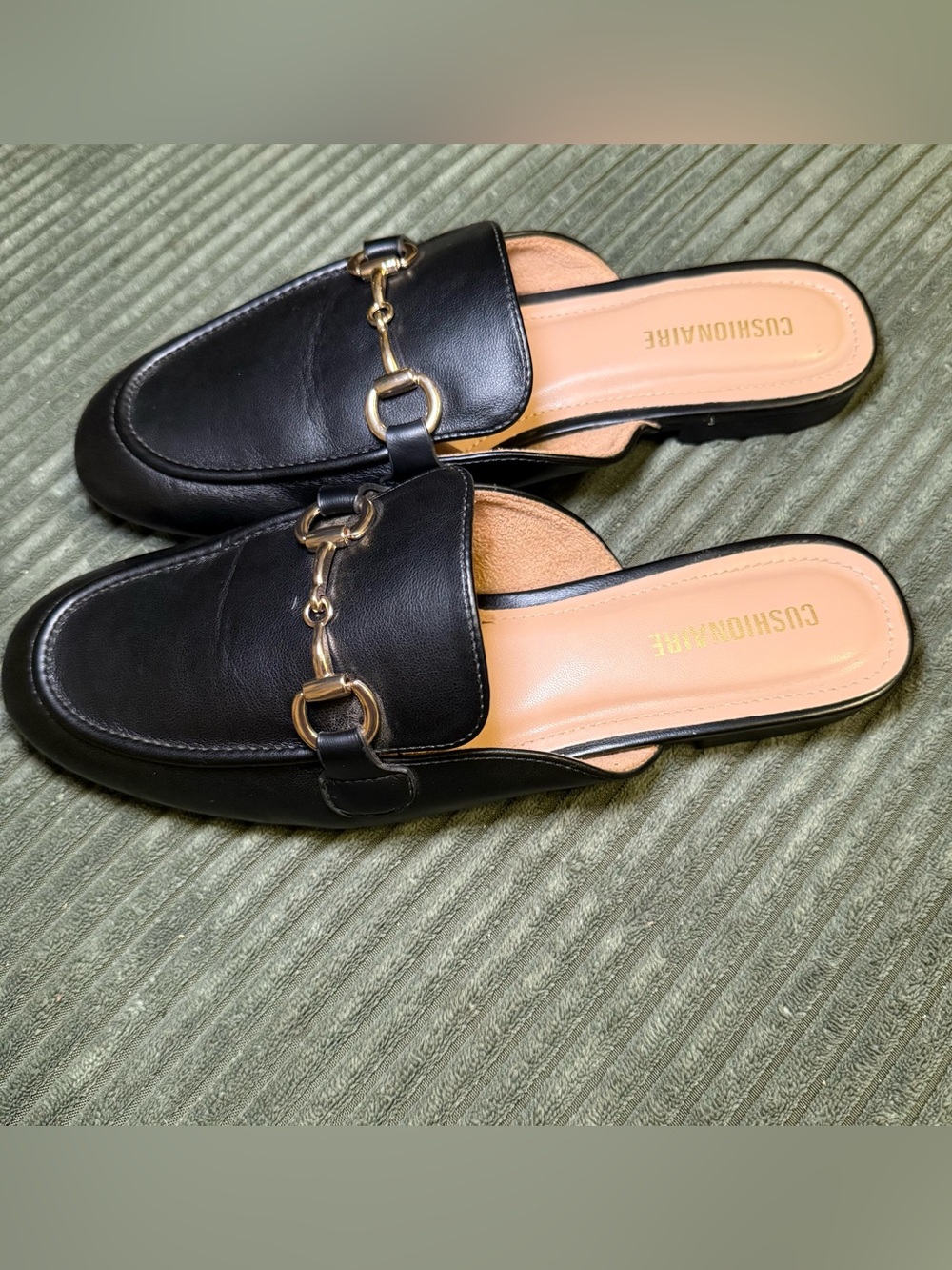 Cushionaire Black Leather Slip-On Mules with Gold Horsebit